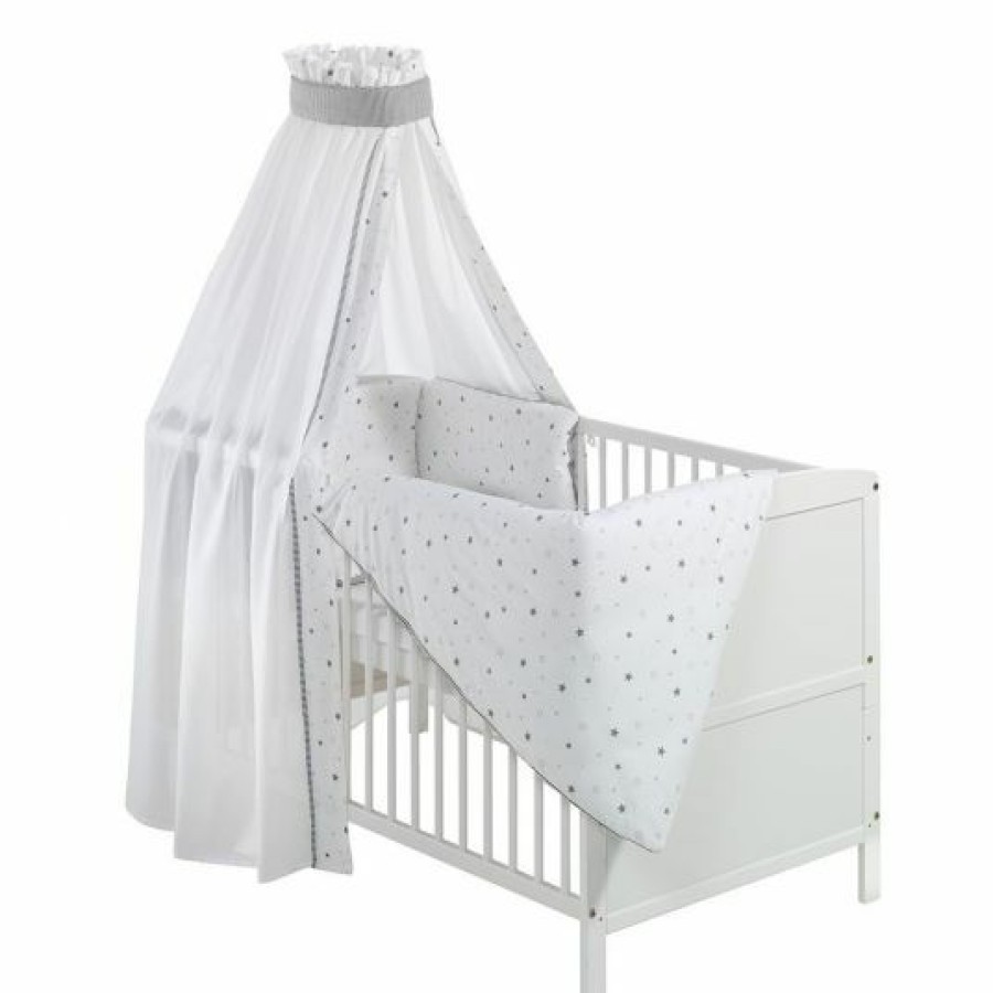 * Schardt Baby-Komplettbett-Set Conny Inkl. Bettwasche, Himmel, Nestchen & Matratzeweis Kiefer Massiv 70 X 140 Cm Sternchen Grau